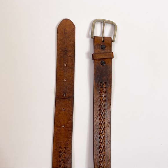 Vintage Tooled Brown Leather Belt Sz 38 Braided Western Boho Distressed Patina - Picture 8 of 12